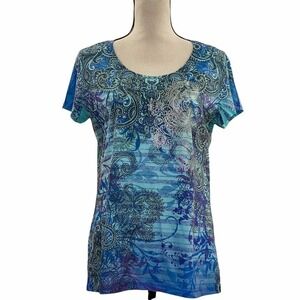APPROPRIATE Behavior Multi-tone Blue Striped Paisley Print Short Sleeve Blouse